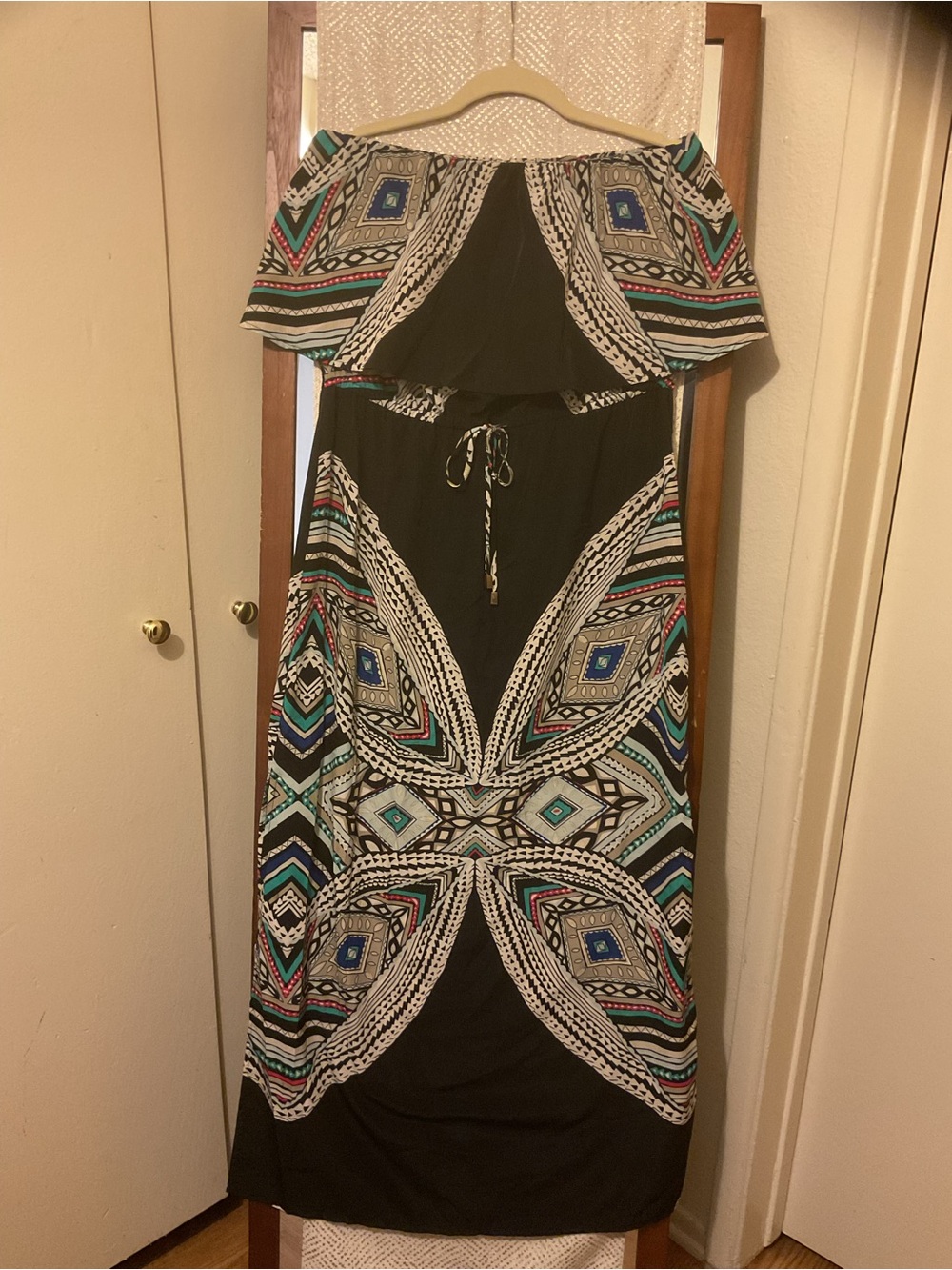 Off-Shoulder Black Maxi Dress with Geometric Aztec Print